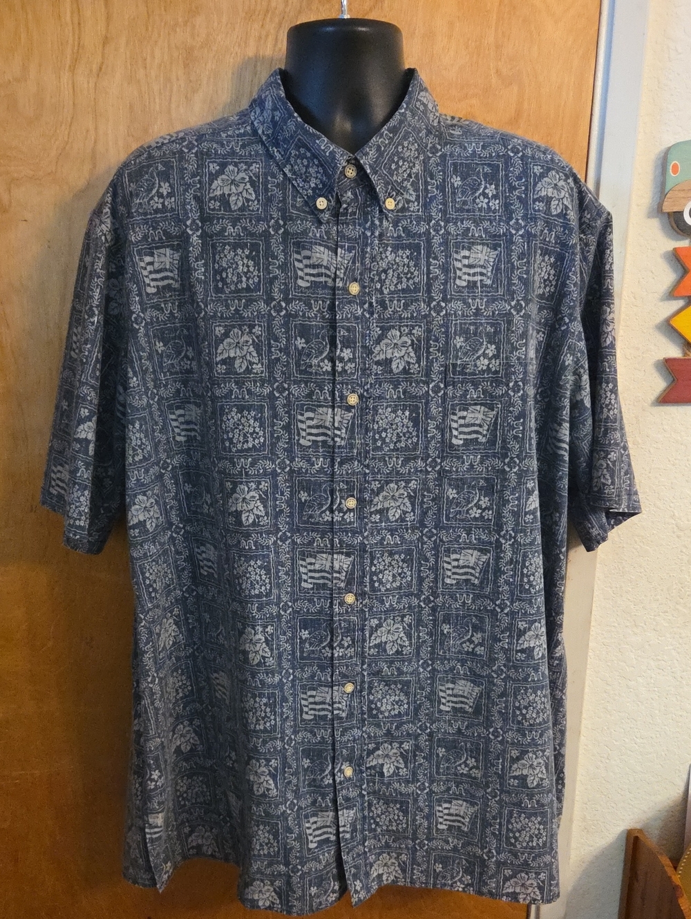 VTG Reyn Spooner Blue/White Traditional Hawaii Pattern Cotton Button Front 3XL